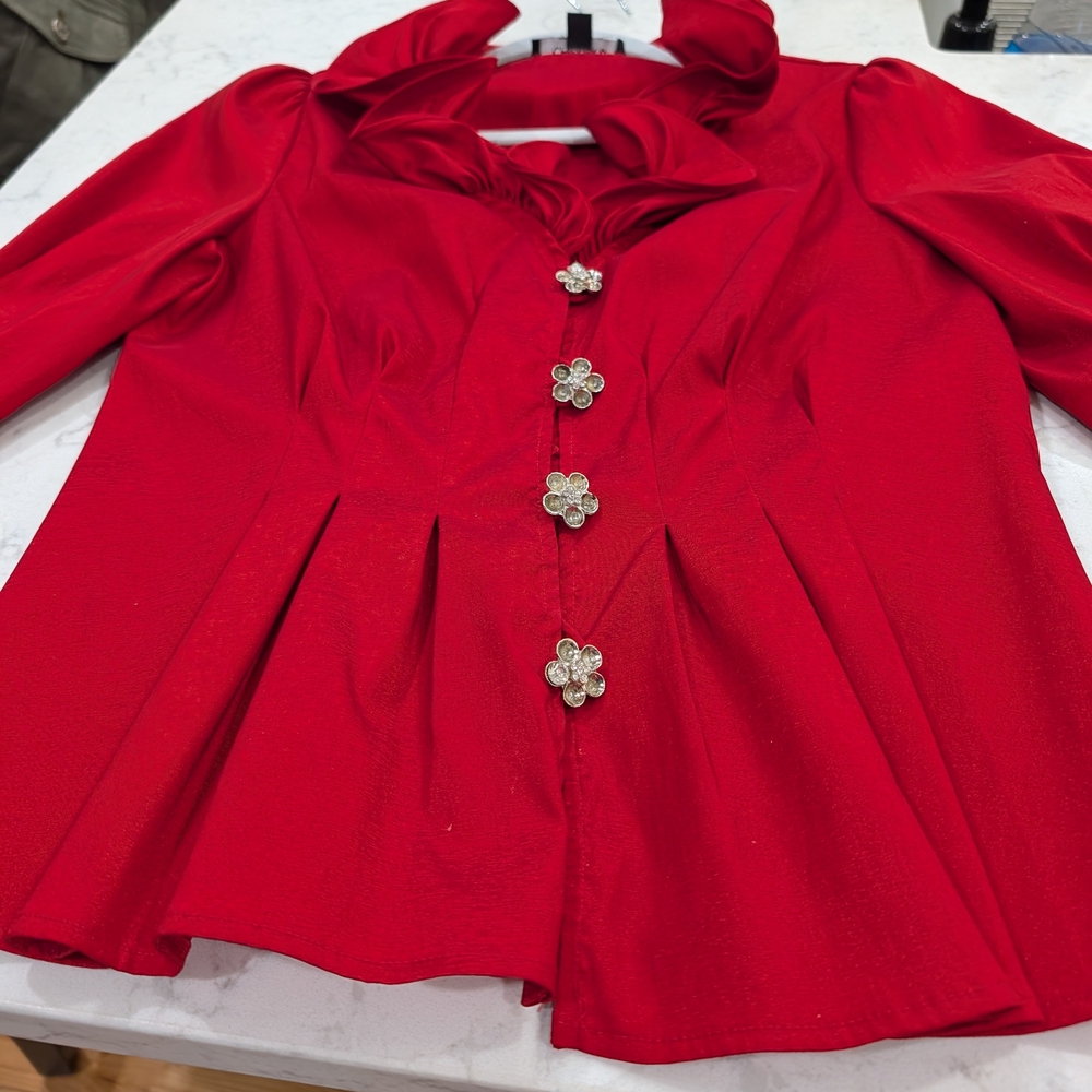 Chetta B Red Floral Button Peplum Blouse
